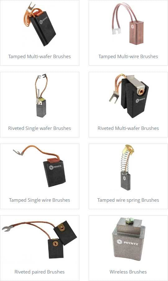 carbon brush types manufactured by Phynyx