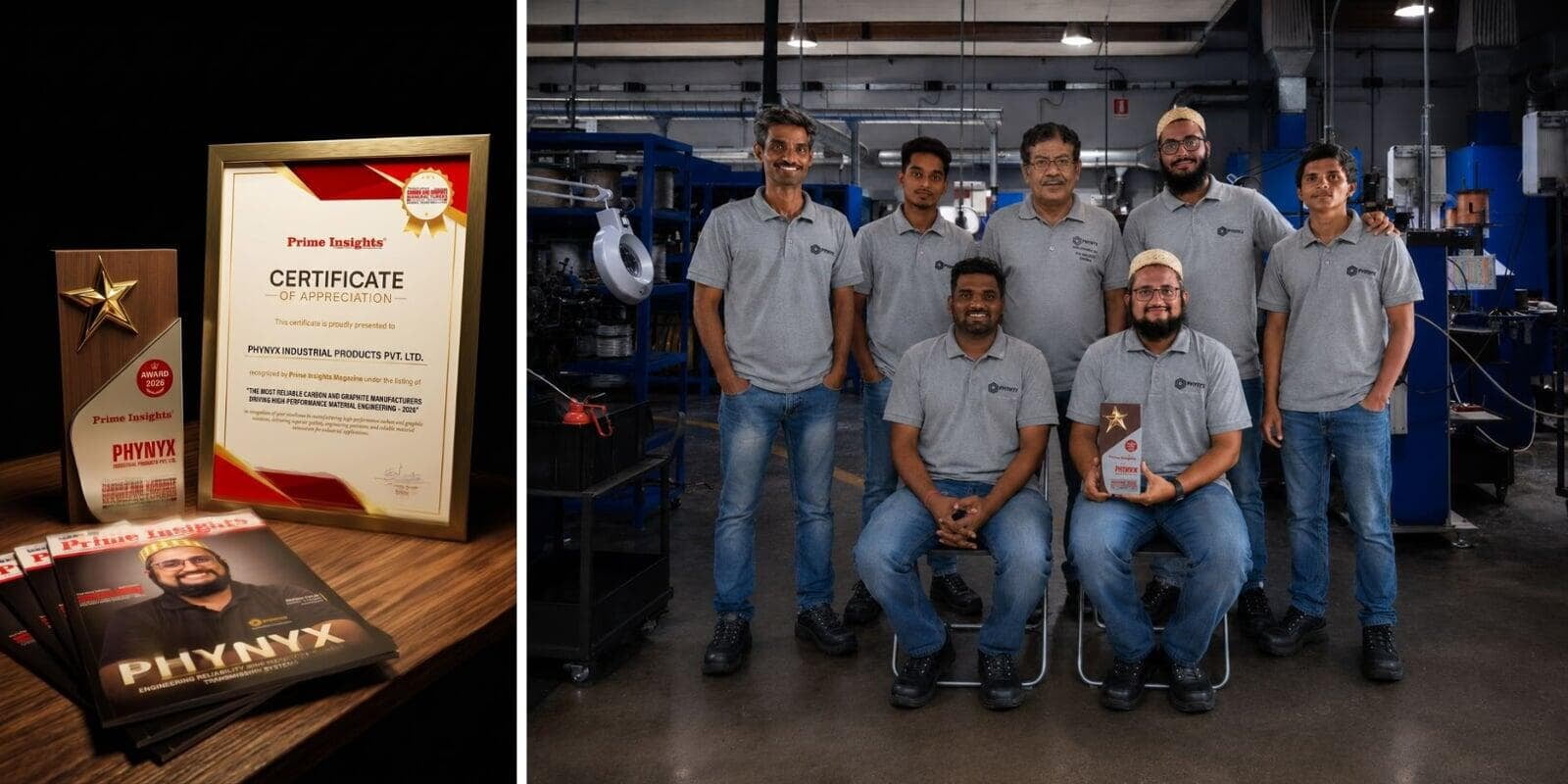 Prime Insights magazine cover featuring Phynyx alongside the Team Phynyx photograph celebrating the company’s 2026 recognition.